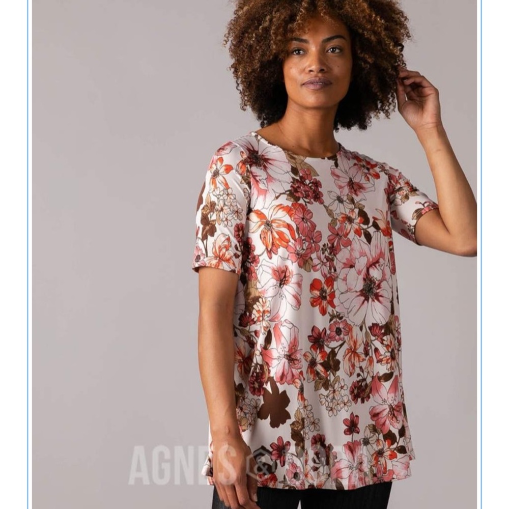Agnes & Dor swing tee sand pink floral NWT